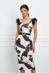 Rochie Hanna din neopren roz cu imprimeuri negre si curea in talie