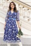 Rochie Isabelle ivory cu buline albastre si curea in talie