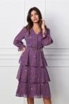 Rochie Lora lila cu picatele aurii si curea in talie