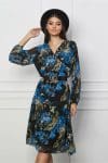 Rochie Loredana neagra cu imprimeu albastru si curea in talie