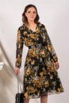 Rochie Loredana neagra cu imprimeu kaki si curea in talie