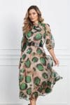 Rochie Lorena bej cu animal print verde si curea in talie