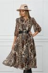 Rochie Lorena maro cu print snake si curea in talie