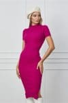Rochie Madalina magenta din tricot reiat cu crepeuri la baza