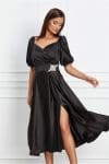 Rochie Malvena neagra din satin cu aplicatie in talie