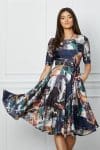 Rochie Mara bleumarin cu imprimeu caramiziu si alb