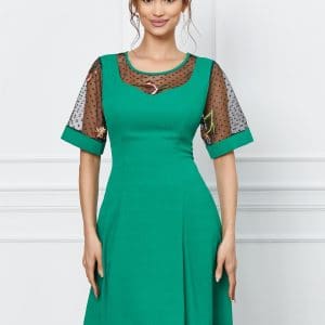 Rochie Mara verde cu broderie florala