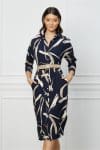 Rochie Marina bleumarin cu imprimeuri bej si curea in talie