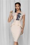 Rochie MBG bej cu peplum si broderie florala cu fulgi la bust