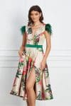 Rochie MBG ivory cu imprimeu verde si pene la umeri