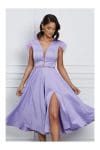 Rochie MBG lila din satin cu pene la maneci