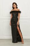 Rochie MBG neagra lunga din paiete cu pene la bust