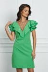 Rochie Moze verde cu volanas si tulle cu buline la baza gatului