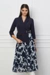 Rochie Narcisa bleumarin cu bust tip sacou si imprimeu pe fusta
