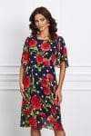 Rochie Natalia bleumarin cu buline si flori rosii
