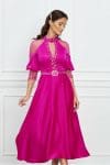 Rochie Natalia fucsia cu strasuri si tull la bust si maneci