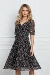 Rochie Natalia neagra cu flori roz si cordon in talie