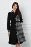 Rochie Moze neagra cu carouri gri si cordon in talie