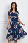 Rochie Oana bleumarin cu flori caramizii si curea in talie