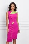 Rochie Rahela fucsia cu volan verde lime si cordon in talie