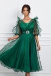 Rochie Samara verde din organza cu strasuri si curea in talie