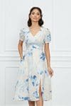 Rochie Sandra bej cu imprimeu bleu