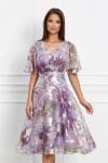 Rochie Sara lila cu insertii aurii si imprimeu floral
