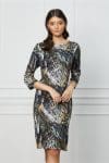 Rochie Silvia neagra cu imprimeuri mov si kaki