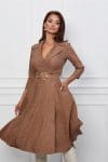 Rochie Simona bej clos cu rever si curea in talie
