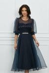Rochie Sorina bleumarin din organza cu strasuri si pene