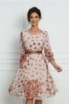 Rochie Tamara roz cu imprimeuri florale maro si curea in talie