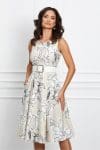 Rochie Tania bej cu imprimeuri florale albe si curea in talie