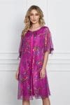Rochie Tina magenta cu capa din voal cu imprimeu rosu