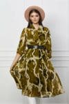 Rochie Valeria kaki cu imprimeuri ivory si curea in talie