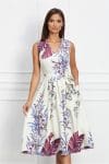 Rochie Vanessa ivory cu imprimeu floral si cordon in talie