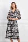 Rochie Vera ivory cu imprimeuri negre si curea in talie