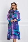 Rochie Veronica mov cu imprimeu bleu si guler tip esarfa