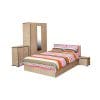 Set dormitor CORINNE, 5 piese, pat 160×200 cm, dulap 3 usi, 2 noptiere, comoda, sonoma deschis, cant sonoma inchis