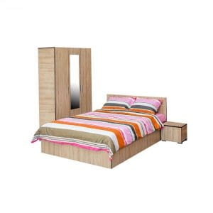 Set dormitor CORINNE, 4 piese, pat 160×200 cm, dulap 3 usi, 2 noptiere, sonoma deschis, cant sonoma inchis