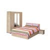 Set dormitor CORINNE, 4 piese, pat 140×200 cm, dulap 4 usi, 2 noptiere, sonoma deschis, cant sonoma inchis