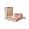 Set dormitor CORINNE, 4 piese, pat 160×200 cm, dulap usi glisante, 2 noptiere, sonoma deschis, cant sonoma inchis