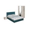Set dormitor ECONO, 4 piese, pat 140×200 cm, dulap 3 usi, 2 noptiere, pin antichizat + turcoaz