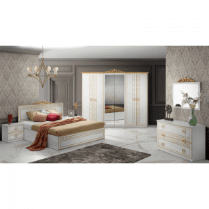 Set Dormitor OLIMP, 6 piese, pat 160×200 cm, dulap 6 usi, comoda cu oglinda, 2 noptiere, corp alb, fronturi auriu