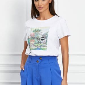 Tricou Selena alb cu imprimeu peisaj