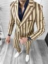 Costum barbati slim fit in carouri sacou + pantaloni bej 1047