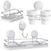 Set accesorii baie, 4 piese (etajera + minietajera + suport 2 pahare pentru periute dinti + carlig simplu) cu ventuze HeavyLock performante