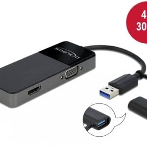 Adaptor USB 3.0 + adaptor USB-C la HDMI 4K@30Hz + VGA T-M, Delock 64085