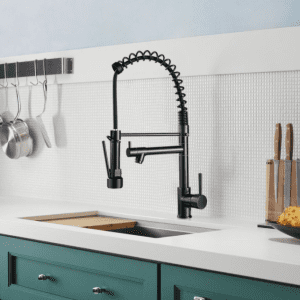 Baterie sanitara profesionala Luxury, cu dus flexibil pentru bucatarie, 360 de grade, pipa suplimentara, otel inoxidabil, racorduri incluse, negru