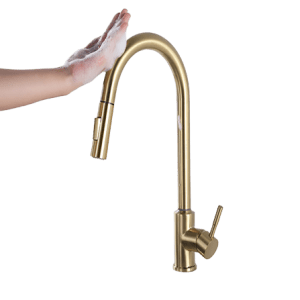 Baterie bucatarie profesionala Luxury cu senzor pentru pornirea/oprirea apei, touch control, dus extractabil, pipa flexibila, 2 functii de curgere, Aurie
