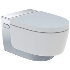 Set vas WC Geberit AquaClean Mera Comfort Rimfree suspendat cu capac soft-close electric cu functie de bideu, 39×59 cm, crom
